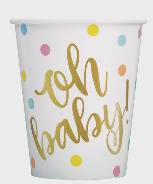 8ct 9oz Baby Paper Cups, Color: &quot;Oh Baby&quot; Gold Baby Shower