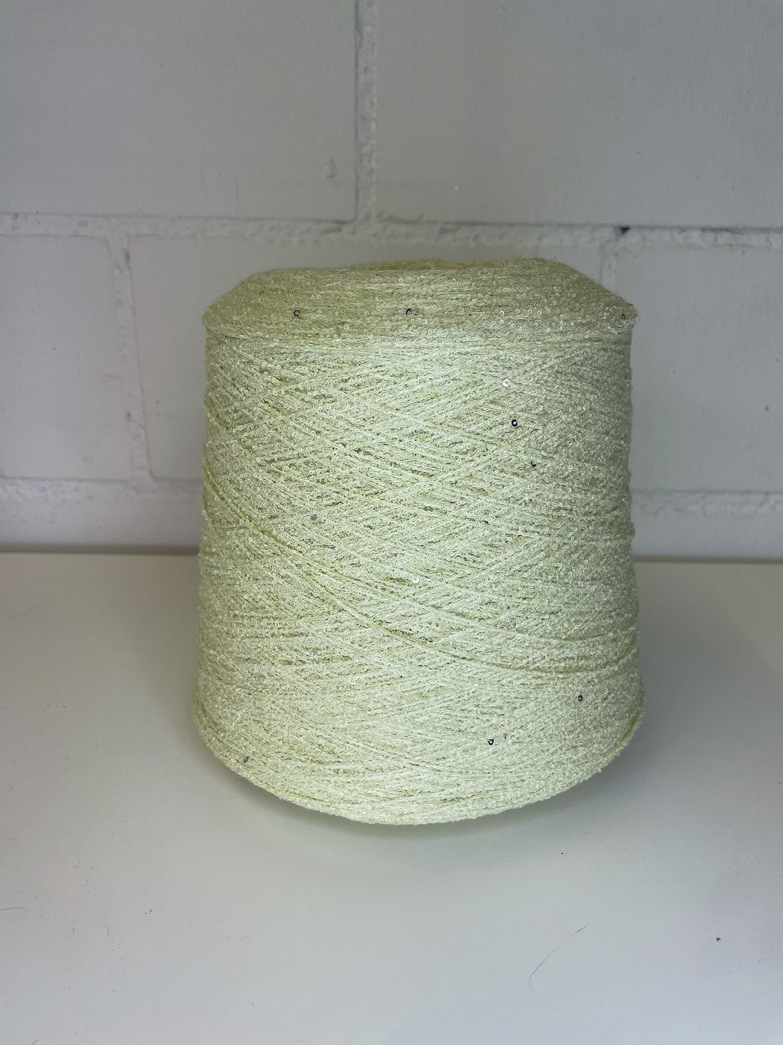 BOUCLE COTTON 440m/100gr, 75% cotton 25% nylon+ 2mm silver sequins light green with sequins
