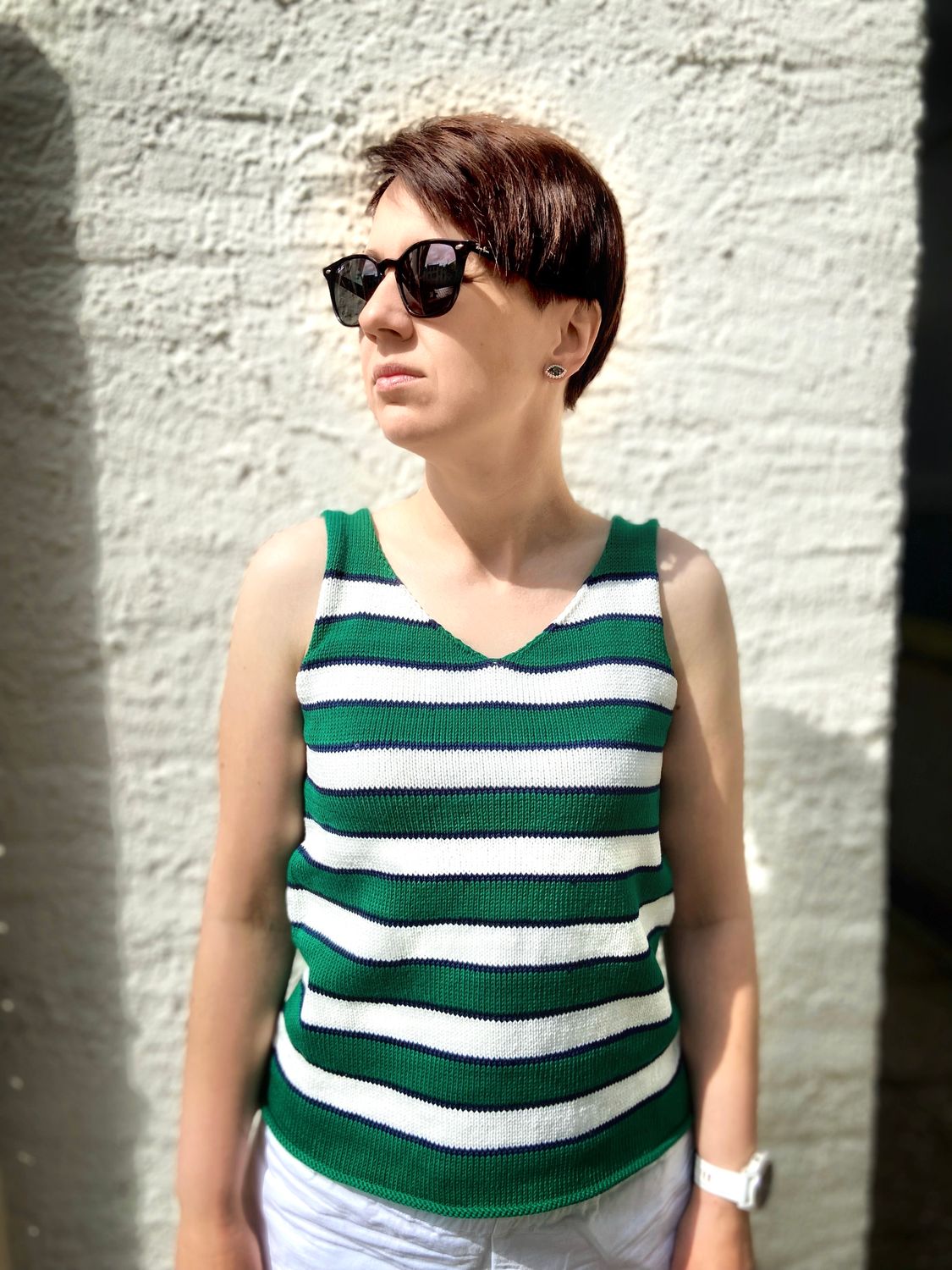 Striped T-shirt in green/navy/white, 100% cotton, size S