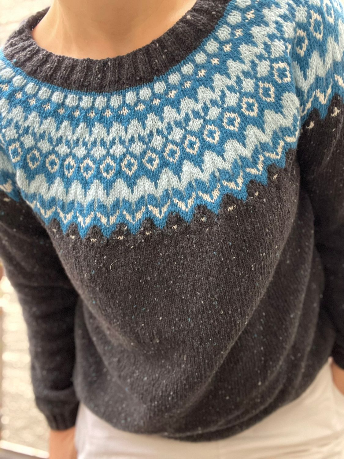 LOPI TWEED pullover, 80% merino wool extrafine 20% PA, dark gray/blue/light blue, size ladies M