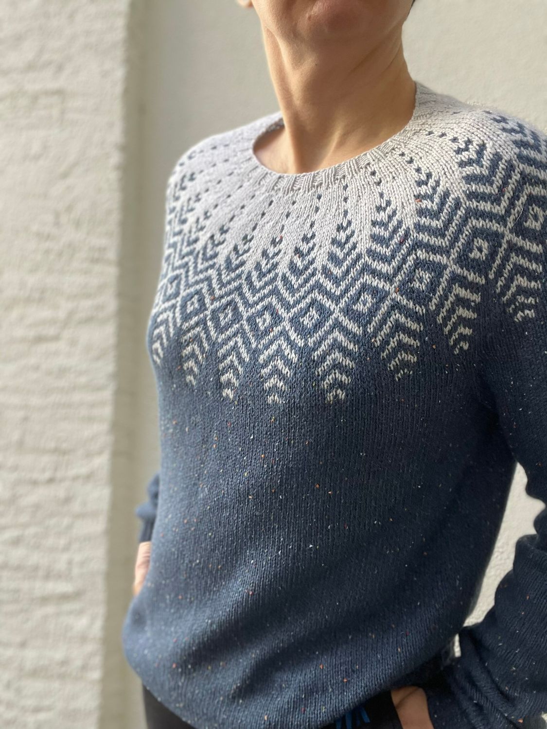 LOPI FOREST TWEED sweater, 70% merino wool extrafine 30% silk (gray-100% cashmere), blue tweed/light gray, size ladies M