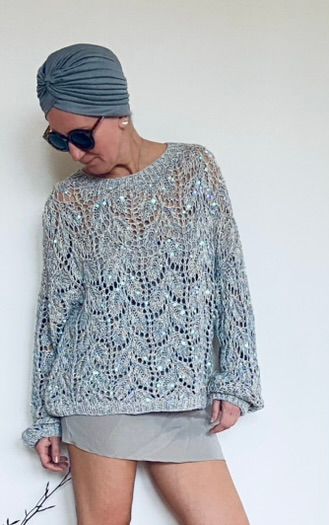 Hand-knitted lace pattern sweater with sequins, 67% linen 33% cotton, size S/M/L(one)