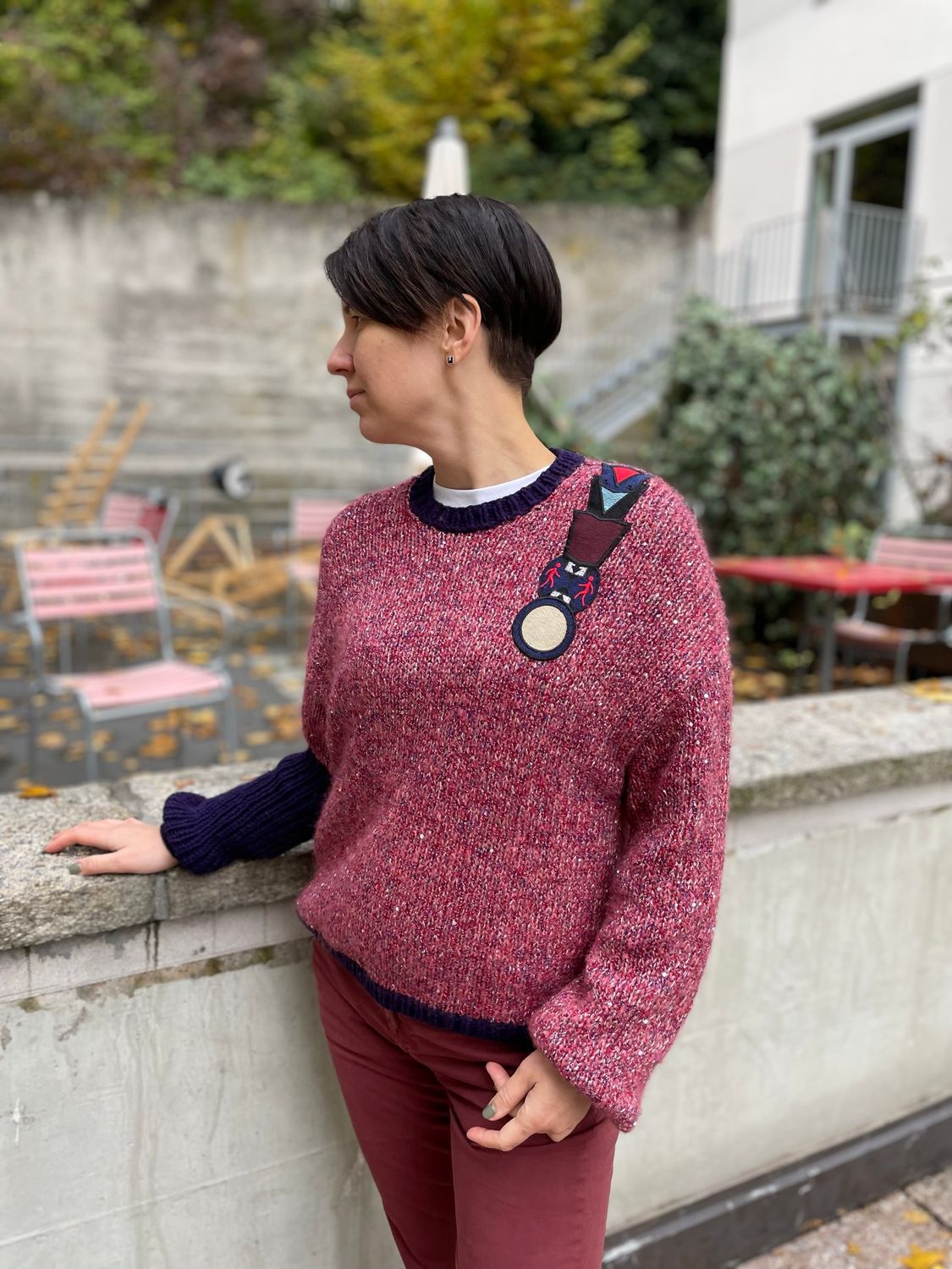 Hand-knitted unique sweater with asymmetric sleeves, sequins and embroidery, kid mohair+alpaca+sequins blend, size M