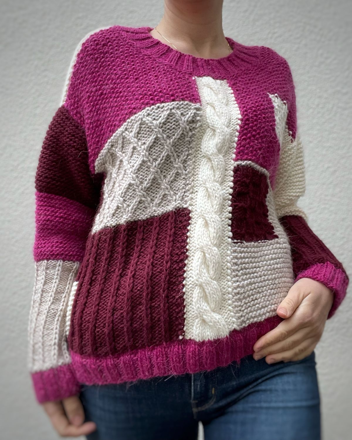 Unique hand-knitted patchwork sweater, alpaca+merino+PA blend, size M