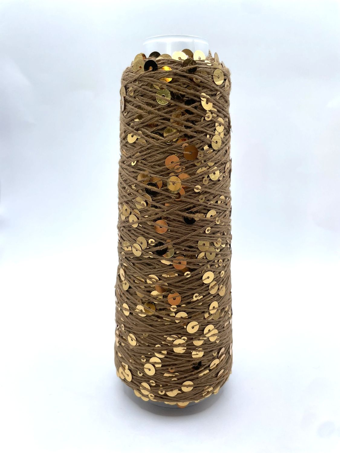 SEQUIN COTTON (3+6 mm sequins), 300 m/100 g, 100% COTTON, BROWN + GOLD SEQUINS, COLOR: AJ076, 100 g