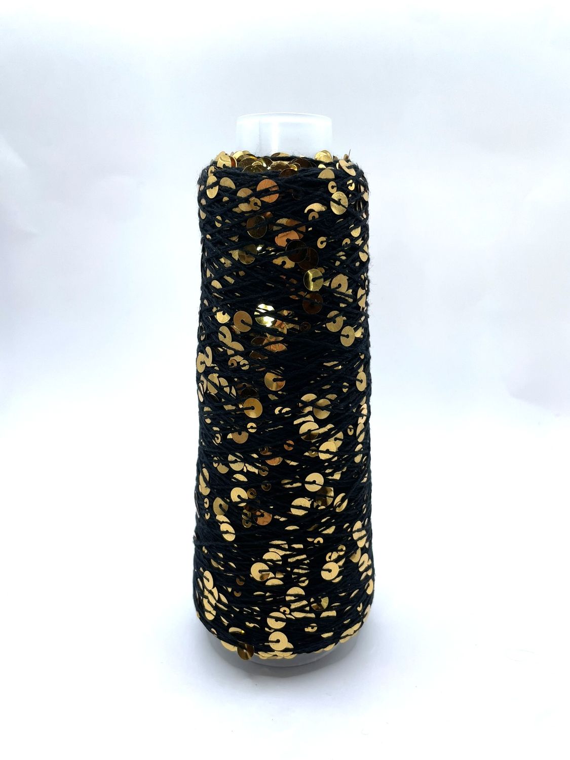 SEQUIN COTTON (3+6 mm sequins), 300 m/100 g, 100% COTTON, BLACK + GOLD SEQUINS, COLOR: AJ009, 100 g