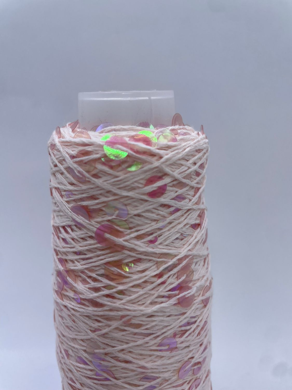 SEQUIN COTTON (3+6 mm sequins), 300 m/100 g, 100% COTTON, LIGHT PINK + HOLOGRAPHIC TRANSPARENT SEQUINS, COLOR AJ043, 100 g