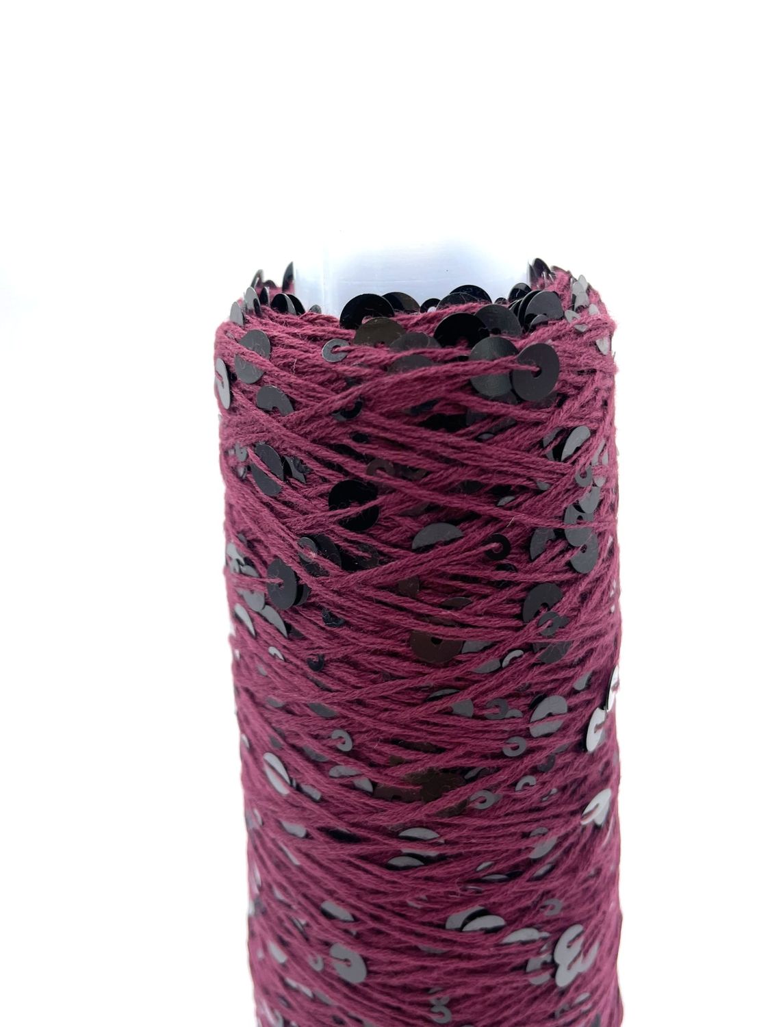 SEQUIN COTTON (3+6 mm sequins), 300 m/100 g, 100% COTTON, BURGUNDY + BLACK SEQUINS, COLOR: AJ087, 100 g