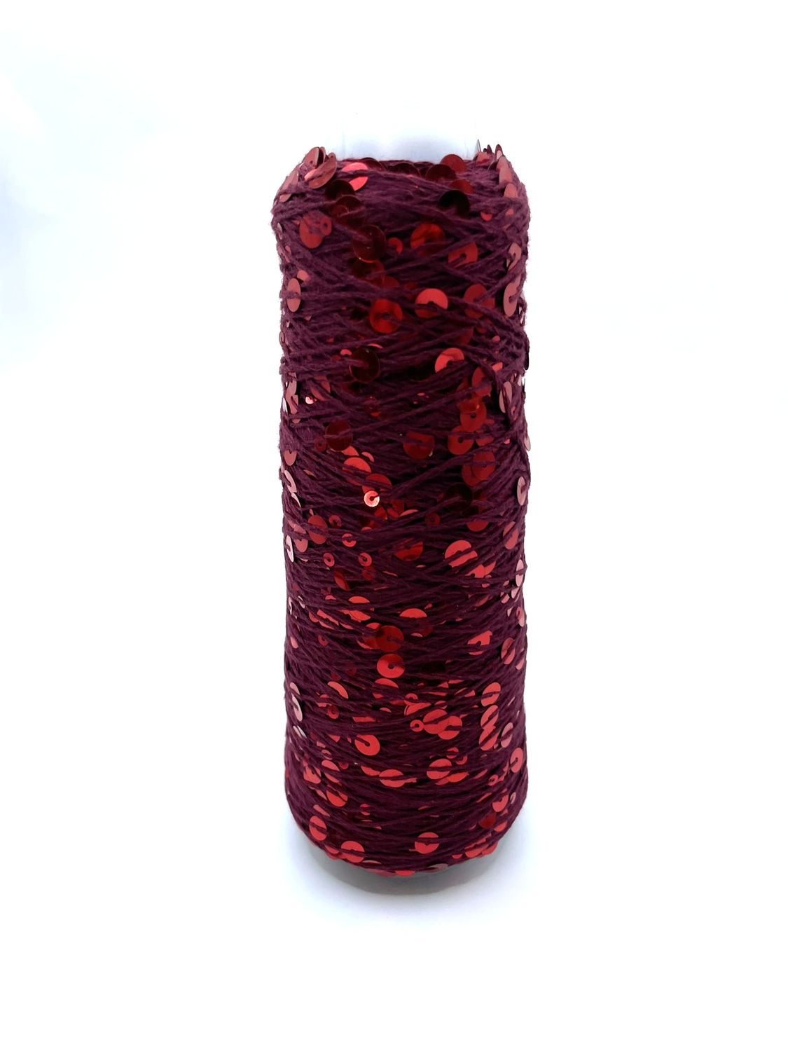 SEQUIN COTTON (3+6 mm sequins), 300 m/100 g, 100% COTTON, WINE RED + RED SEQUINS, COLOR AJ076, 100 g