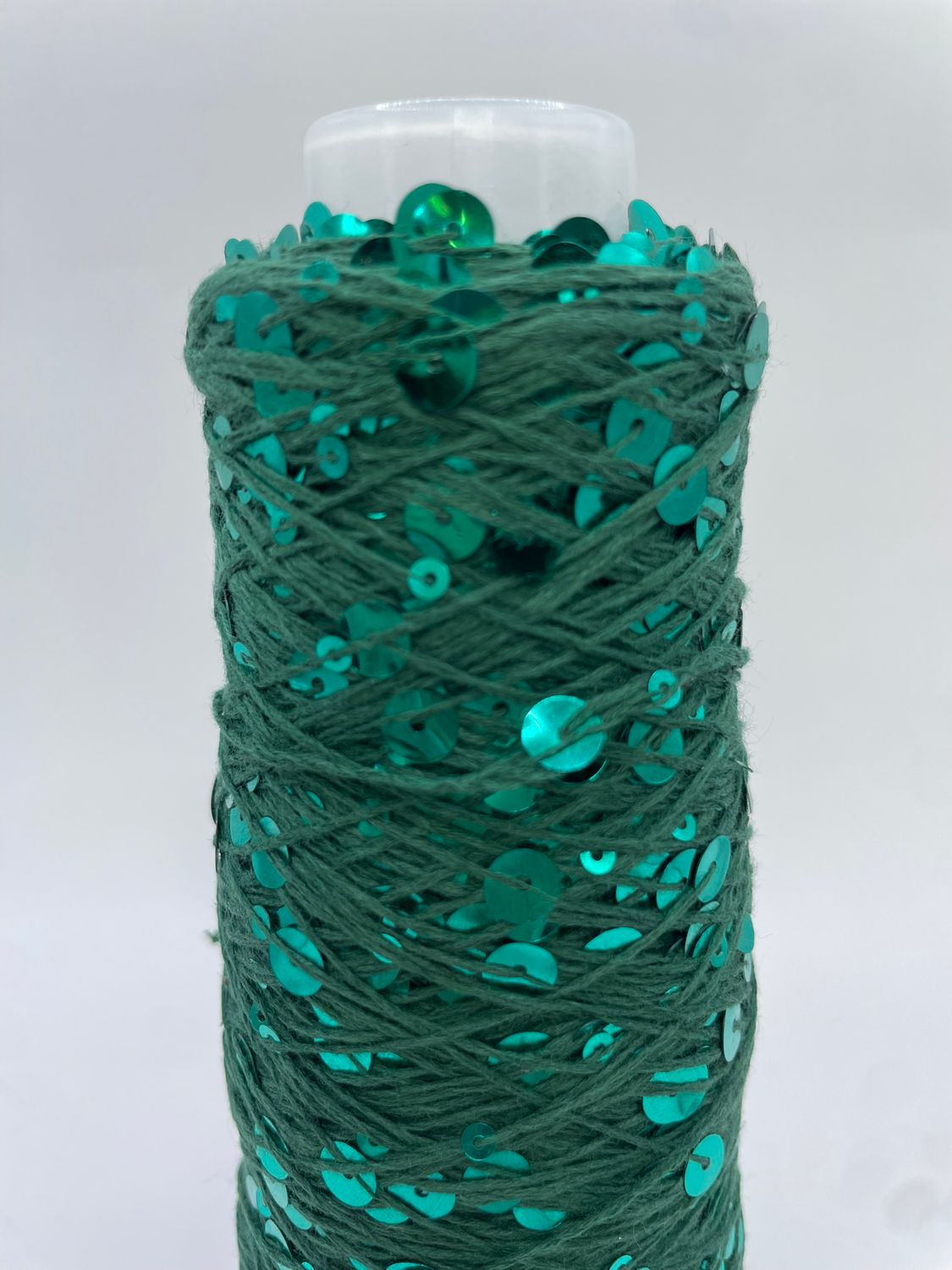 SEQUIN COTTON (3+6 mm sequins), 300 m/100 g, 100% COTTON, DARK GREEN + GREEN SEQUINS, COLOR – AJ081, 100 g