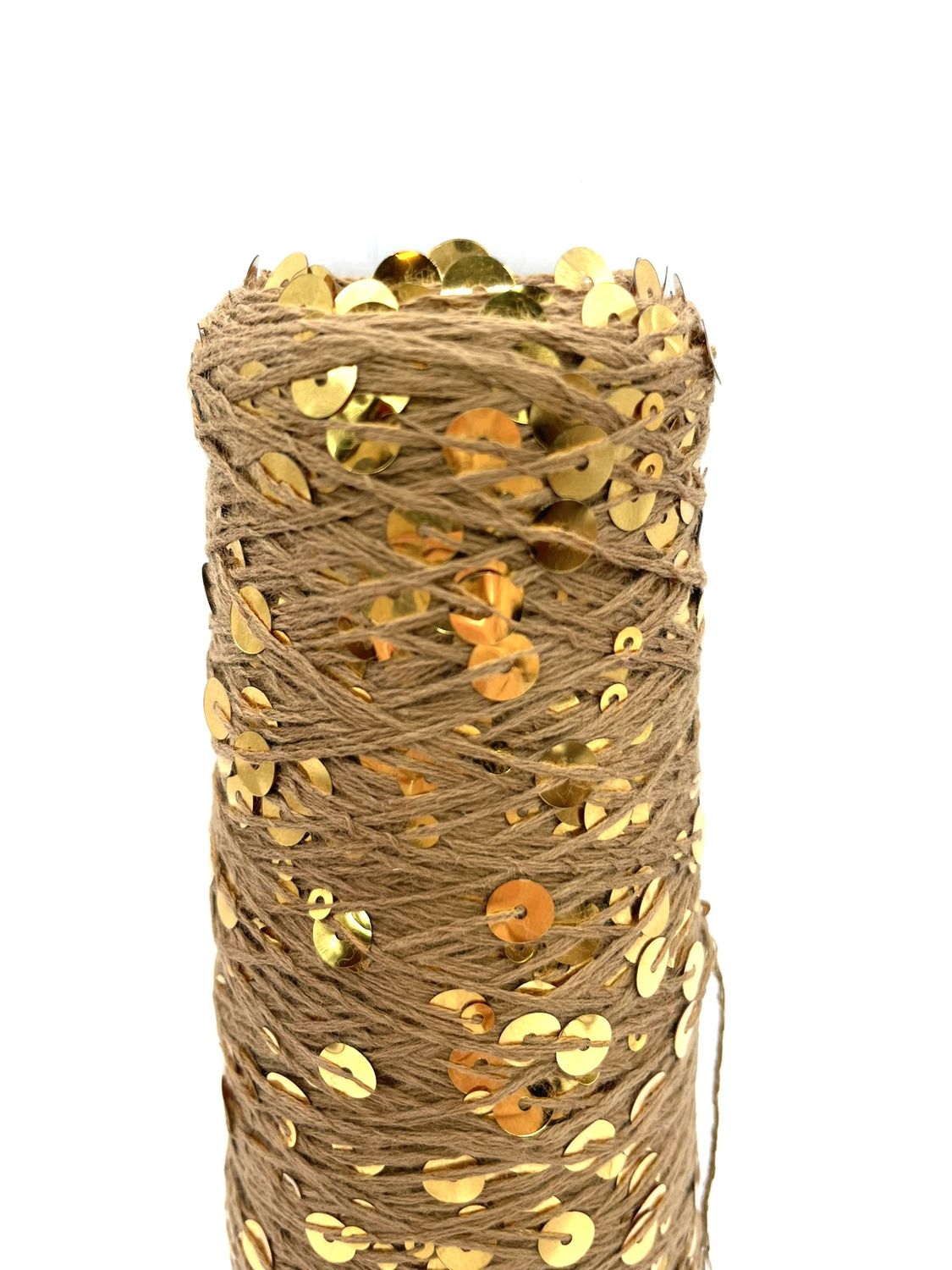 SEQUIN COTTON (3+6 mm sequins), 300 m/100 g, 100% COTTON, CAMEL + GOLD SEQUINS, COLOR – AJ033, 100 g