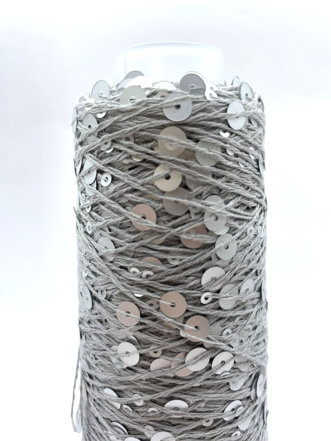SEQUIN COTTON (3+6 mm sequins), 300 m/100 g, 100% COTTON, LIGHT GRAY + MATTE SILVER SEQUINS, COLOR: AJ142, 100 g