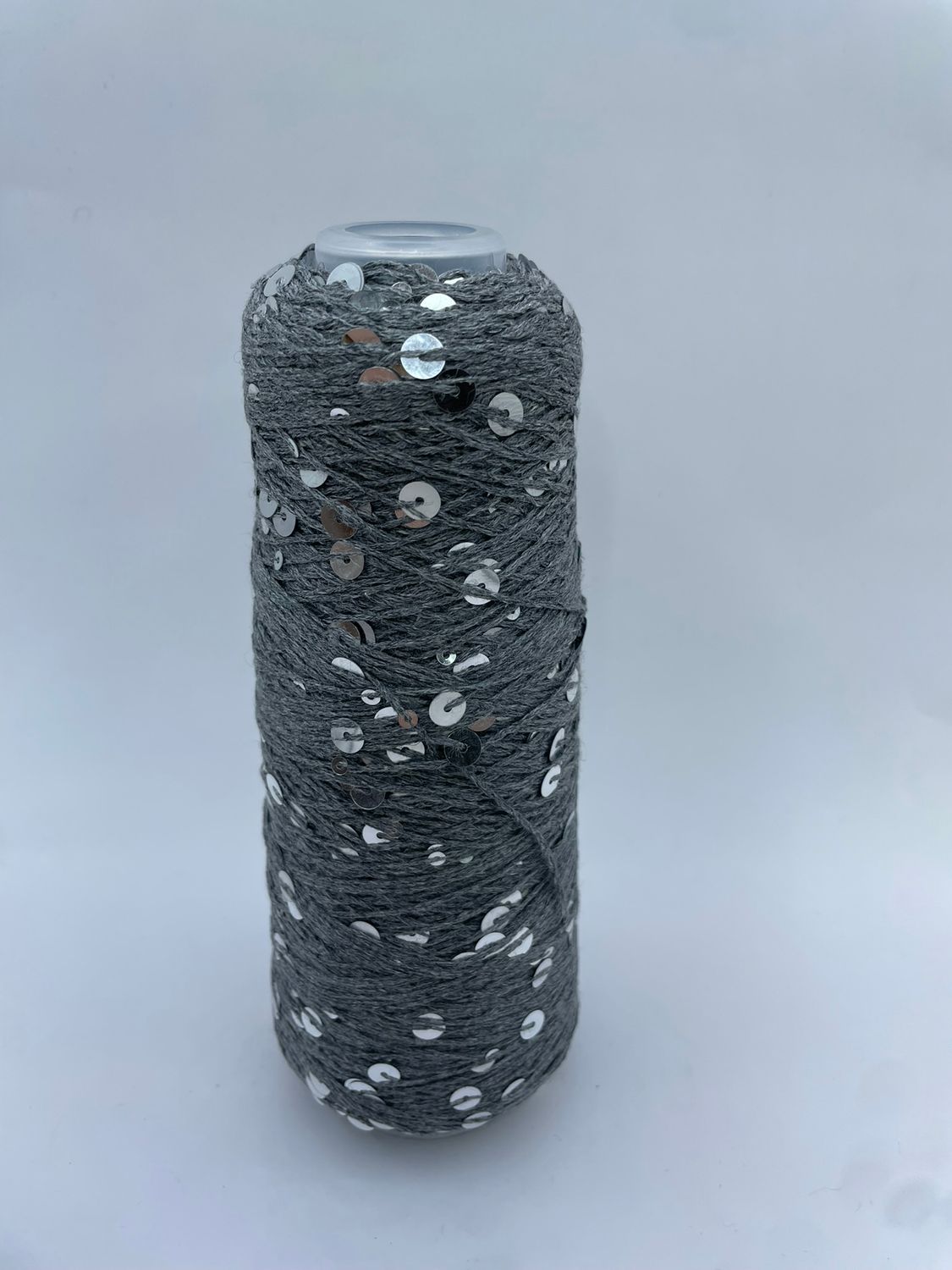 SEQUIN COTTON (3+6 mm sequins), 300 m/100 g, 100% COTTON,  GRAY +SILVER SEQUINS, COLOR: AJ105, 100 g