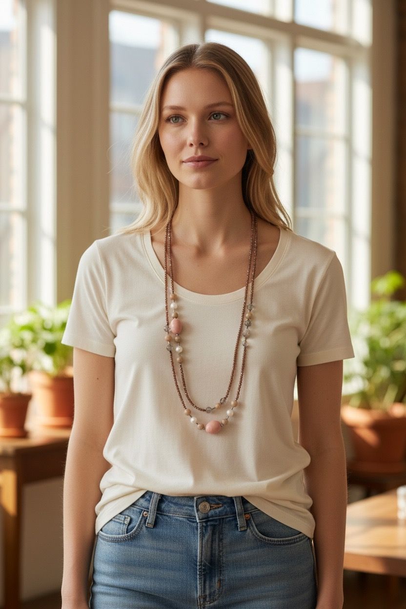 COLLANA CHARLESTON PIETRA DEL SOLE EMATITE PERLE DI FIUME E DI MAIORCA CRISTALLI