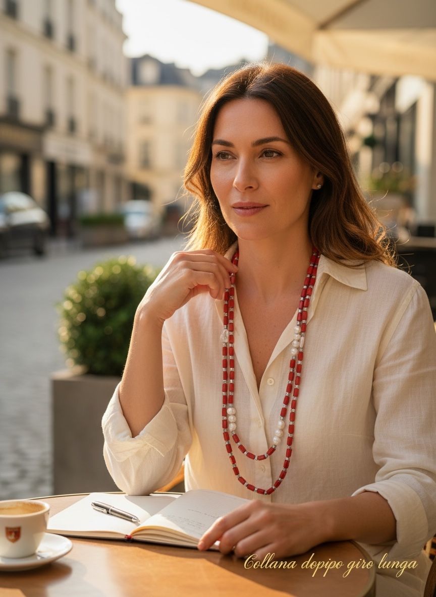 COLLANA CHARLESTON EMATITE IN CUBI CRISTALLI ROSSI IRIDESCENTI PERLE DI FIUME