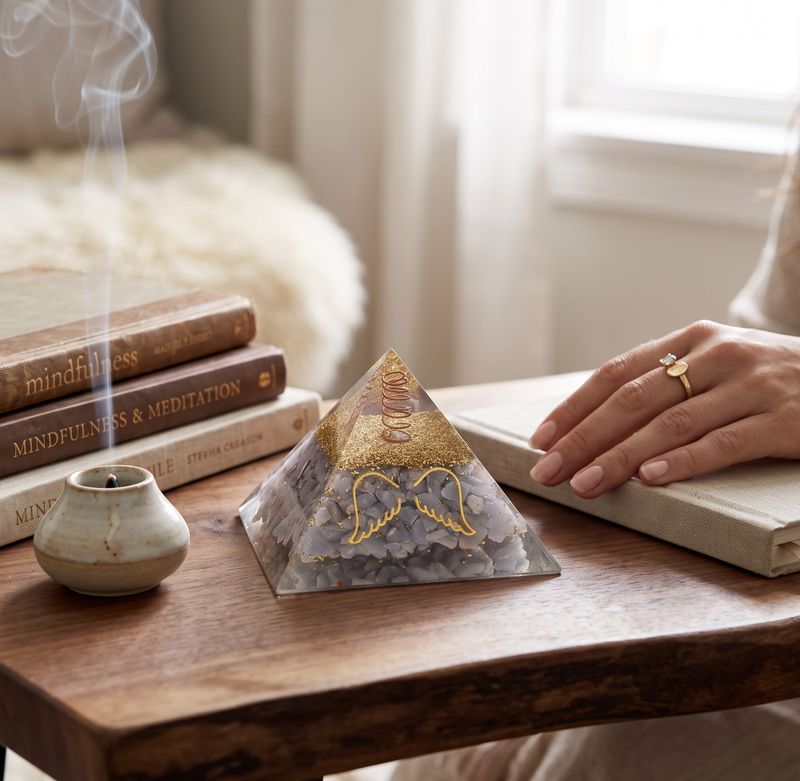ORGONITE PIRAMIDE ANGELITE CON ALI D'ANGELO