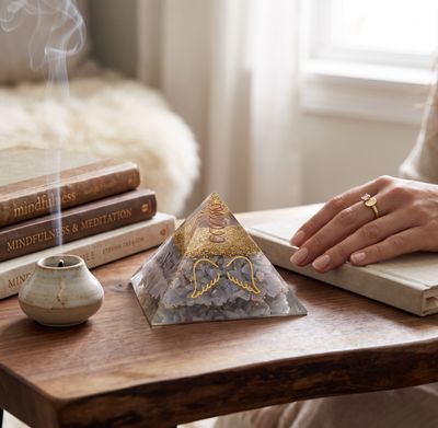 ORGONITE PIRAMIDE ANGELITE CON ALI D'ANGELO
