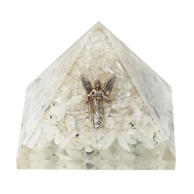 PIRAMIDE DI ORGONITE CON PIETRA DI LUNA ARCOBALENO, QUARZO IALINO E ANGELO GABRIELE