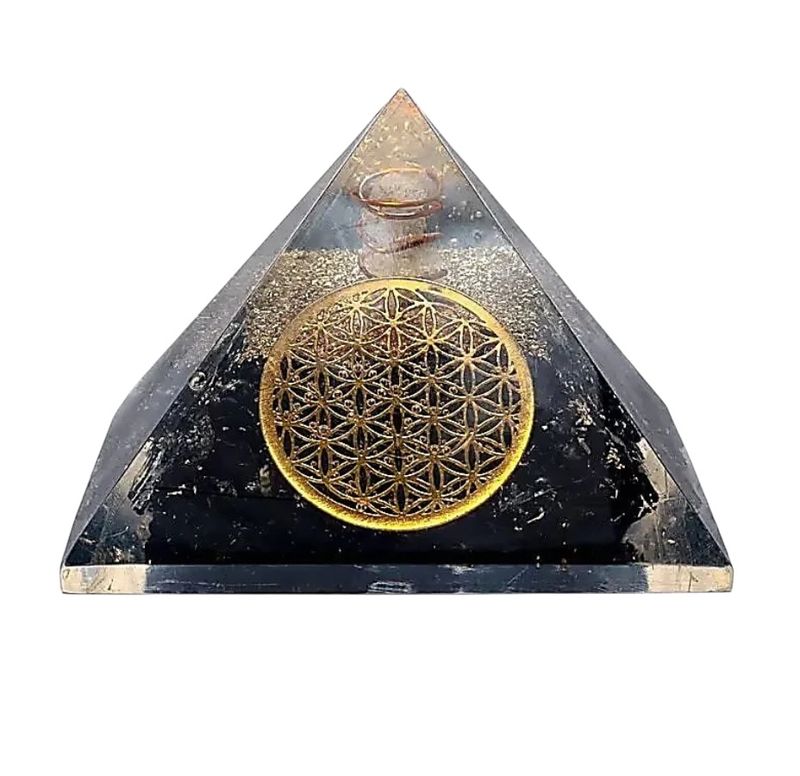 PIRAMIDE CRISTALLO IN TORMALINA NERA CON FIORE DELLA VITA
