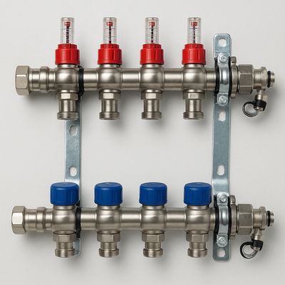 Rozdzielacz obwodów grzewczych ze stali szlachetnej typ FBH z przepływomierzami Regolux na zasilaniu - 2 obwody