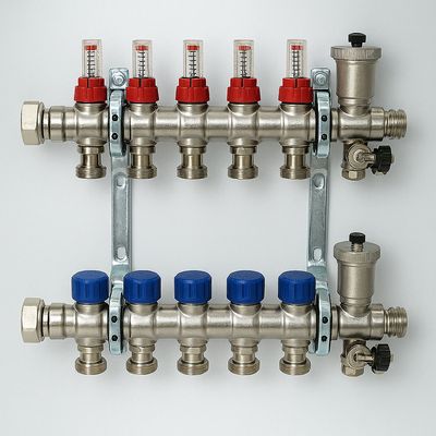 Rozdzielacz ze stali szlachetnej typ FBH z przepływomierzami Regolux na zasilaniu i odpowietrznikami automatycznymi dla 8 obwodów