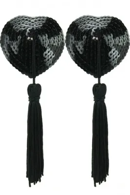 Sequined Heart Pasties With Tassels in Black Sequined Heart Pasties With Tassels in Black