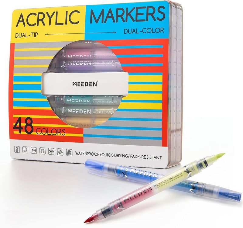 MEEDEN Acrylic Markers Dual Color Dual Brush Tip Set 48 Colors