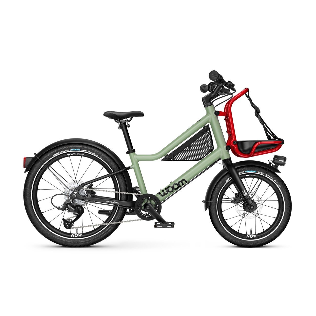 woom Now Children City Bike, Version: Now 4 (20" - 前16"/後20"), Color: 冰島苔蘚綠/方程式紅 moss green / formula red