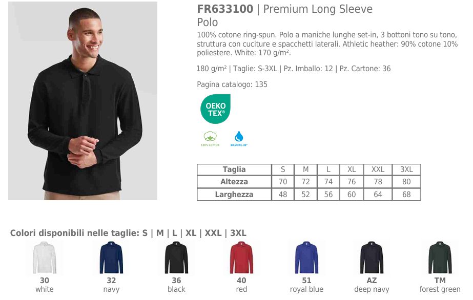 Polo Premium Unisex Manica Lunga Fruit Of The Loom Polo Premium Unisex Manica Lunga Fruit Of The Loom