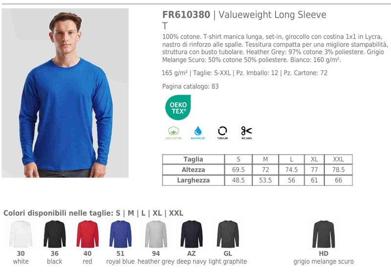 T-shirt Unisex Girocollo Manica Lunga Fruit Of The Loom T-shirt Unisex Girocollo Manica Lunga Fruit Of The Loom