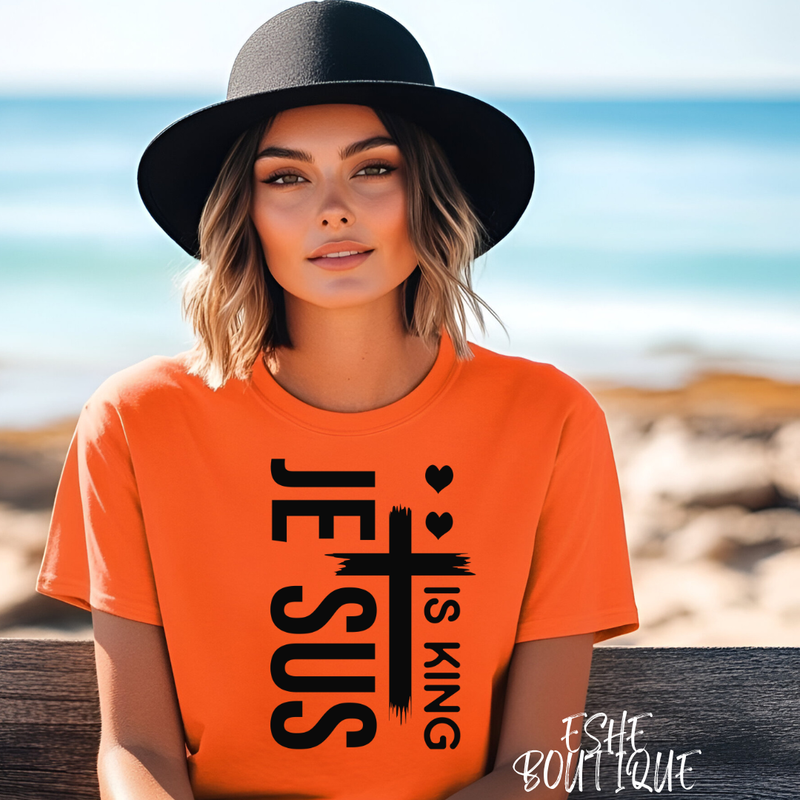 LARGE - ORANGE COTTON JESUS IS KING T-SHIRT