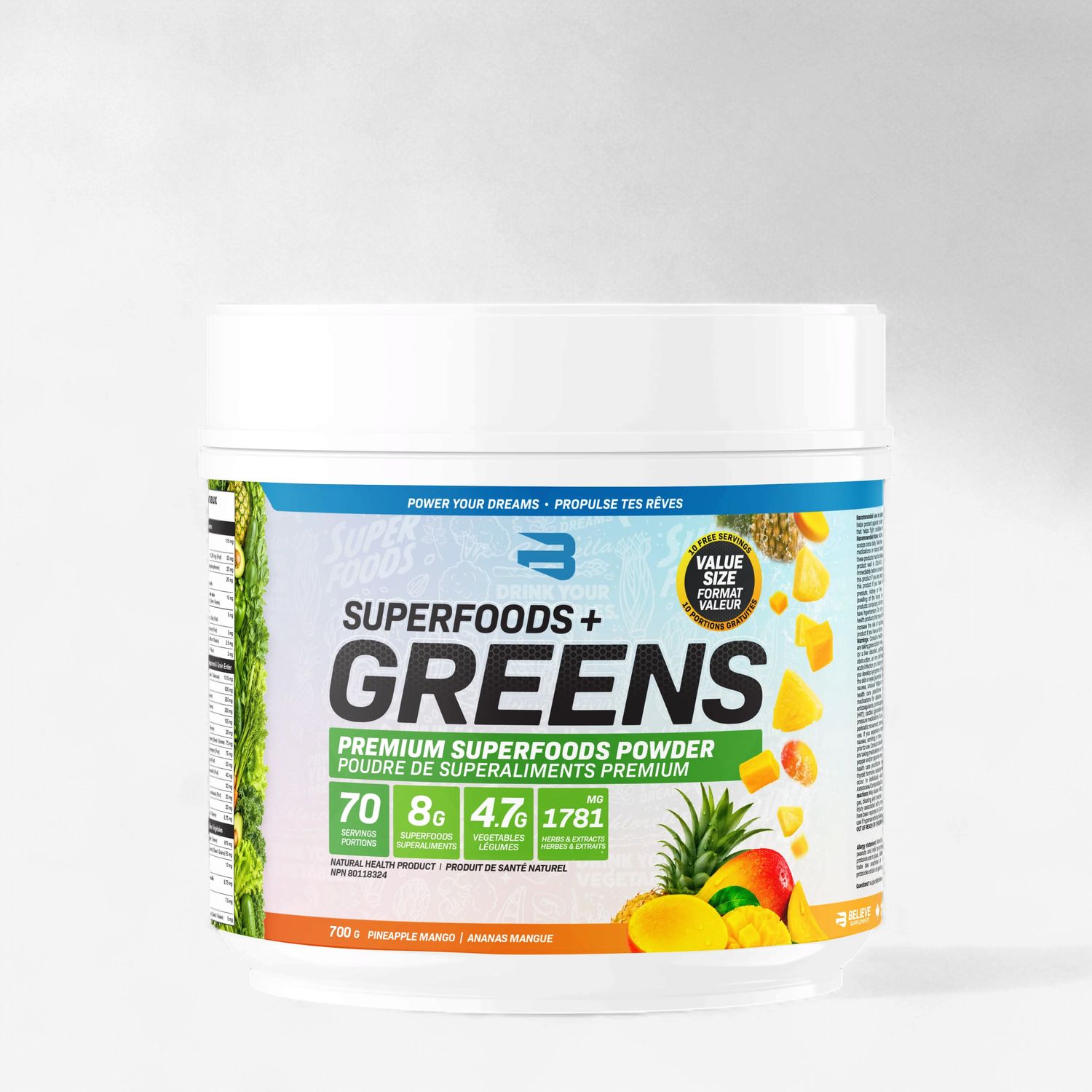 BELIEVE - SUPERFOODS + GREENS - 70 PORTIONS, Fragrance: ANANAS ET MANGUE