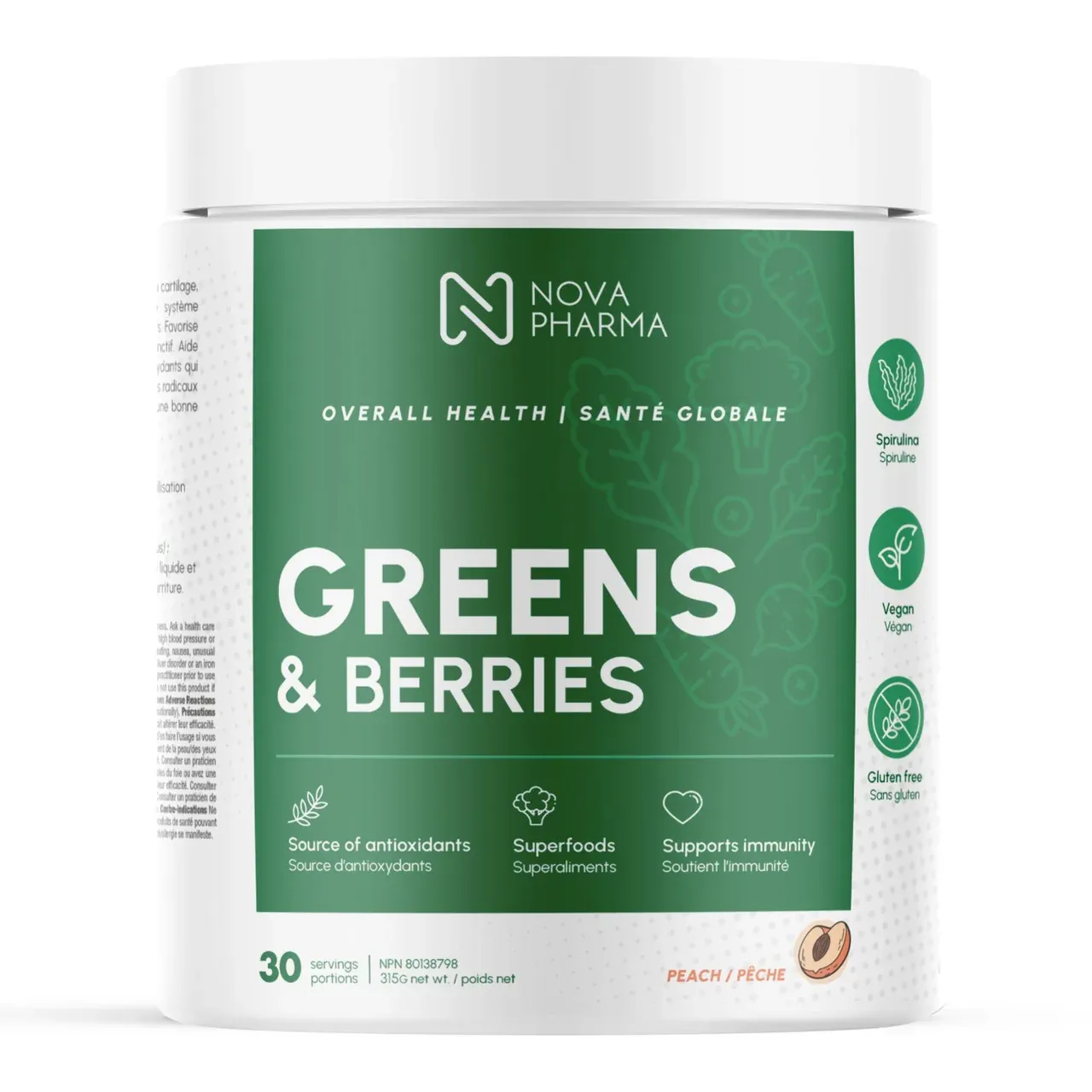NOVA PHARMA - GREENS &amp; BERRIES - 30 PORTIONS, Fragrance: PÊCHE