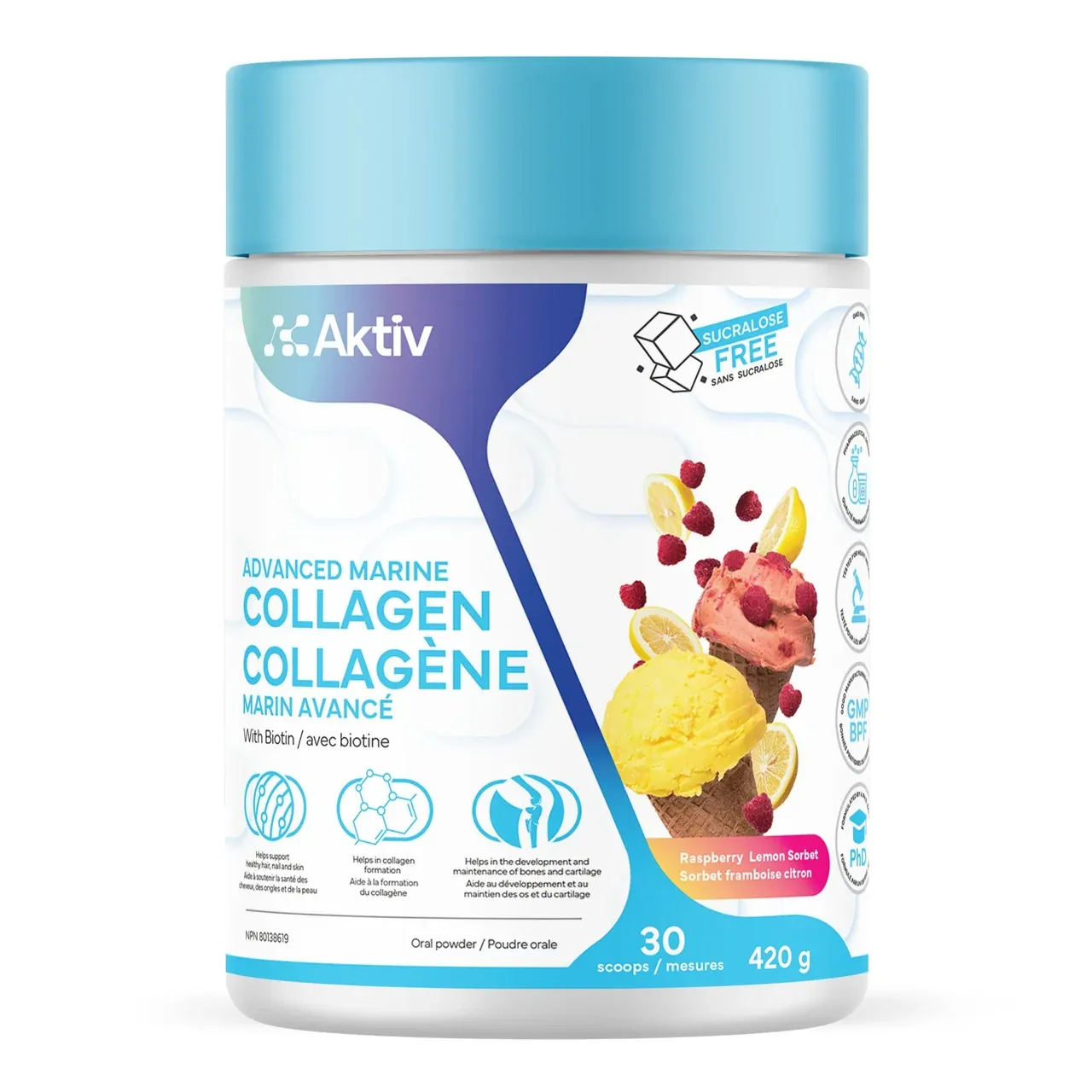 AKTIV - COLLAGÈNE MARIN AVANCÉ - 30 PORTIONS, Fragrance: SORBET FRAMBOISE &amp; CITRON