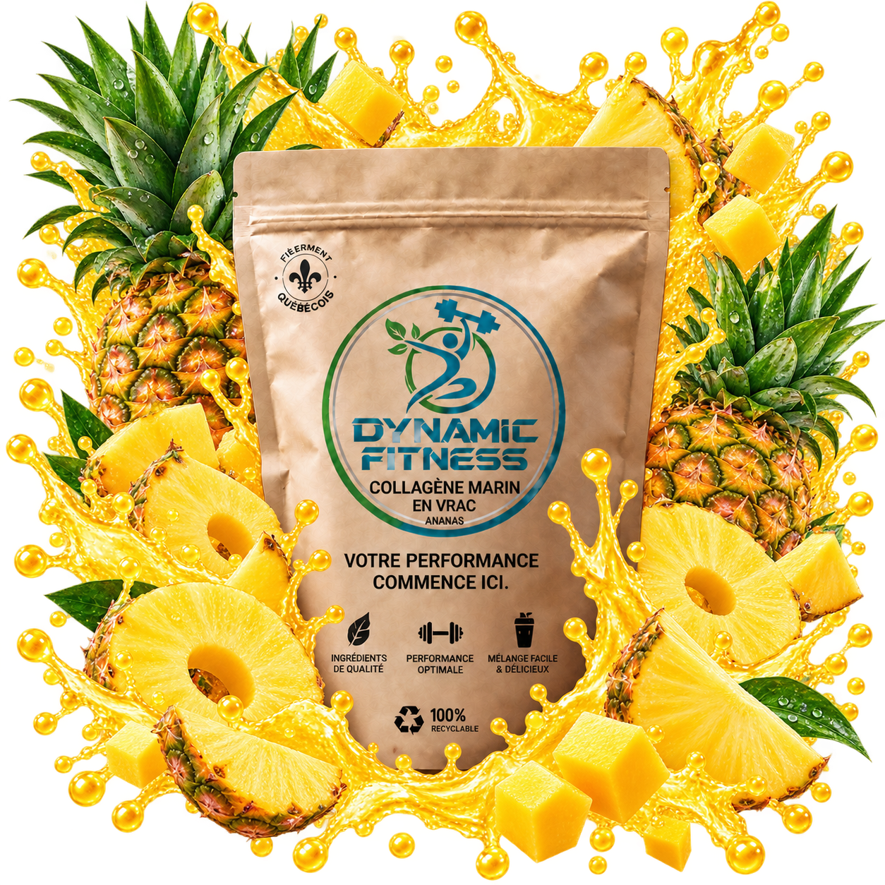 DYNAMIC FITNESS - VRAC COLLAGÈNE MARIN - 100G, Fragrance: ANANAS
