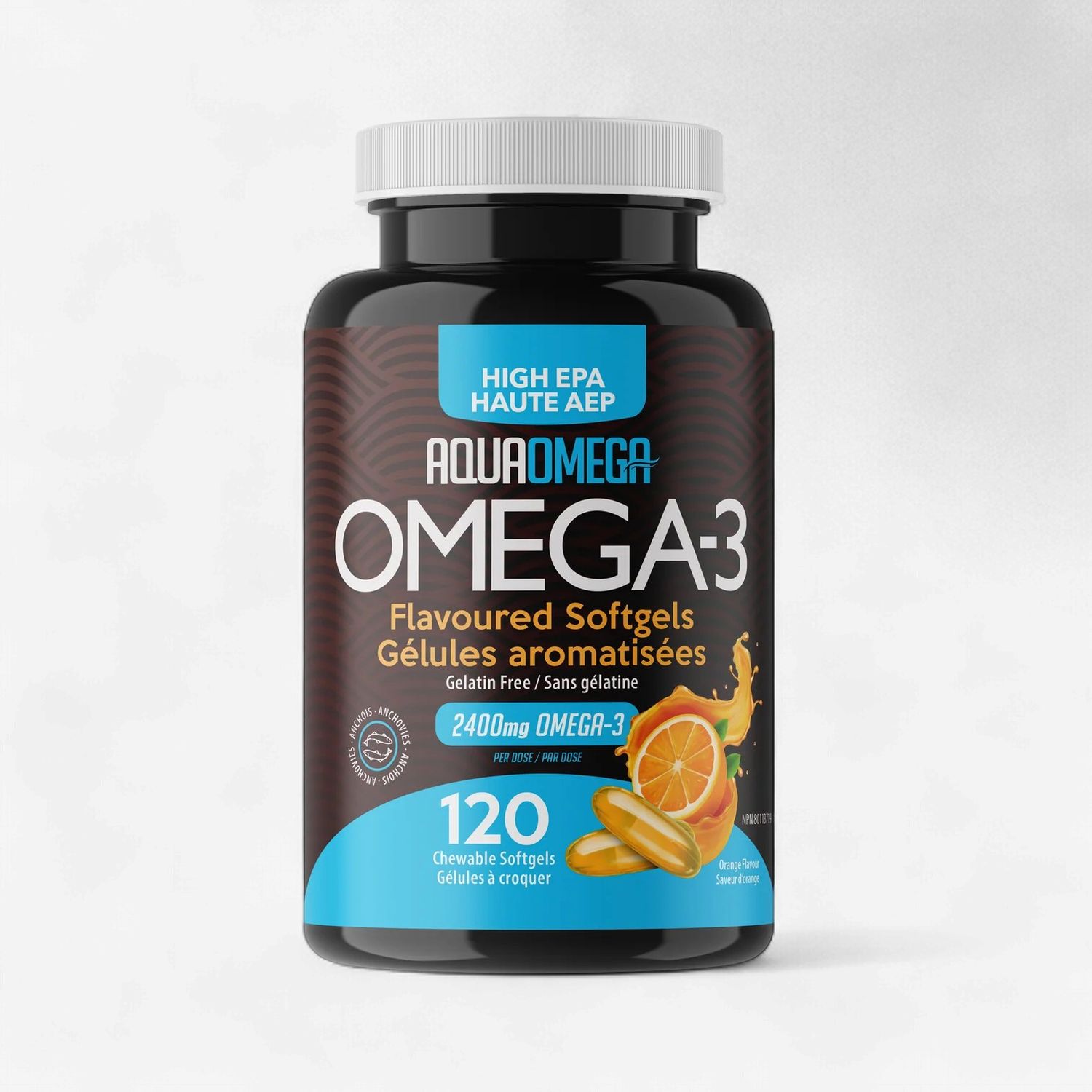AQUAOMEGA – OMÉGA-3 RICHE EN EPA – 120 GÉLULES AROMATISÉES, Fragrance: ORANGE