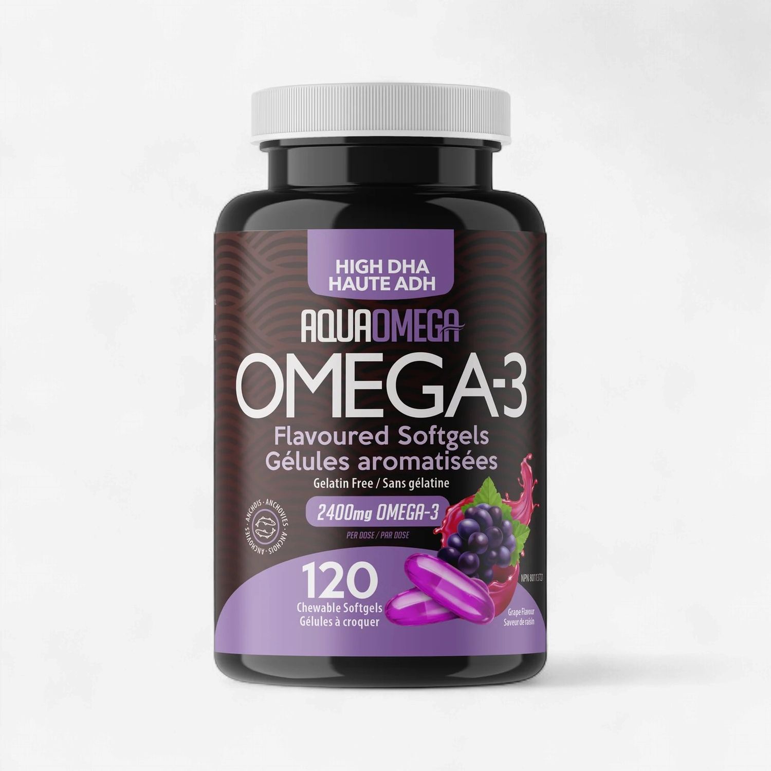 AQUAOMEGA – OMÉGA-3 RICHE EN DHA – 120 GÉLULES AROMATISÉES, Fragrance: RAISIN