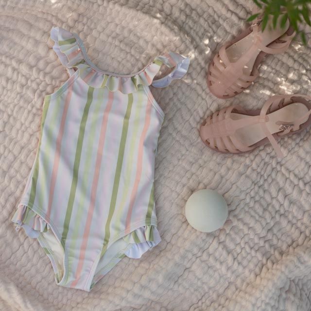 Dirkje meisjes badpak off white roze groen gestreept