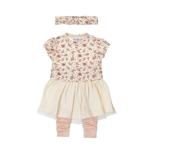 Dirkje jurk + legging + haarband - ecru/roze