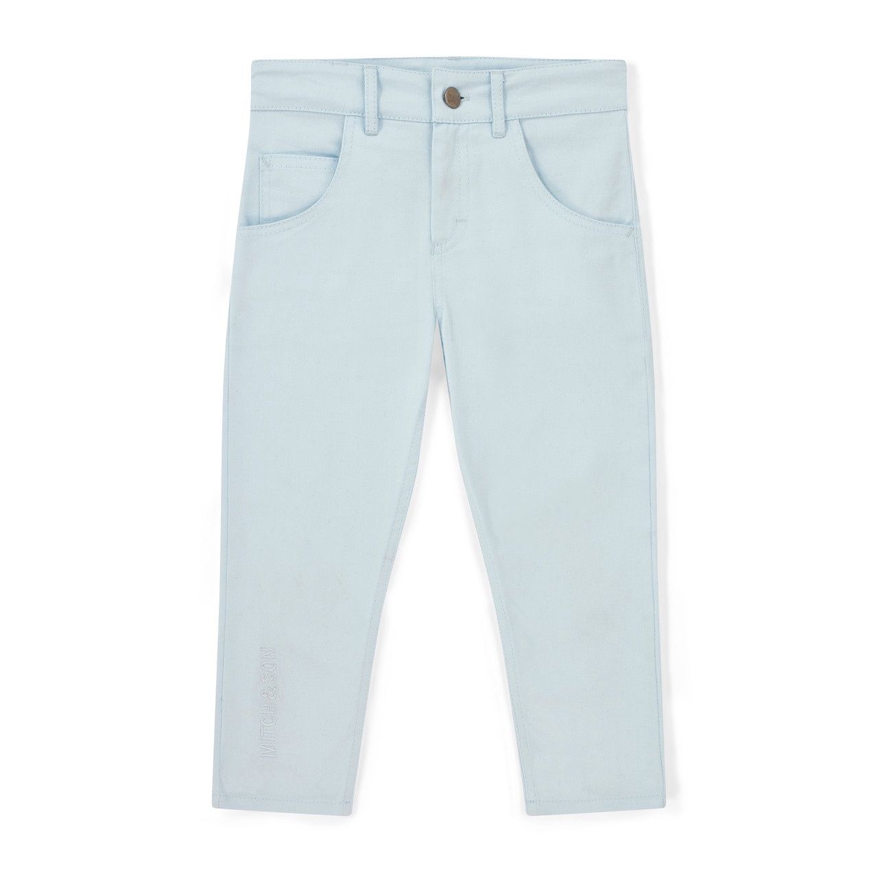 Mitch &amp; Son Boys Blue Twill Trousers with Logo on One Leg