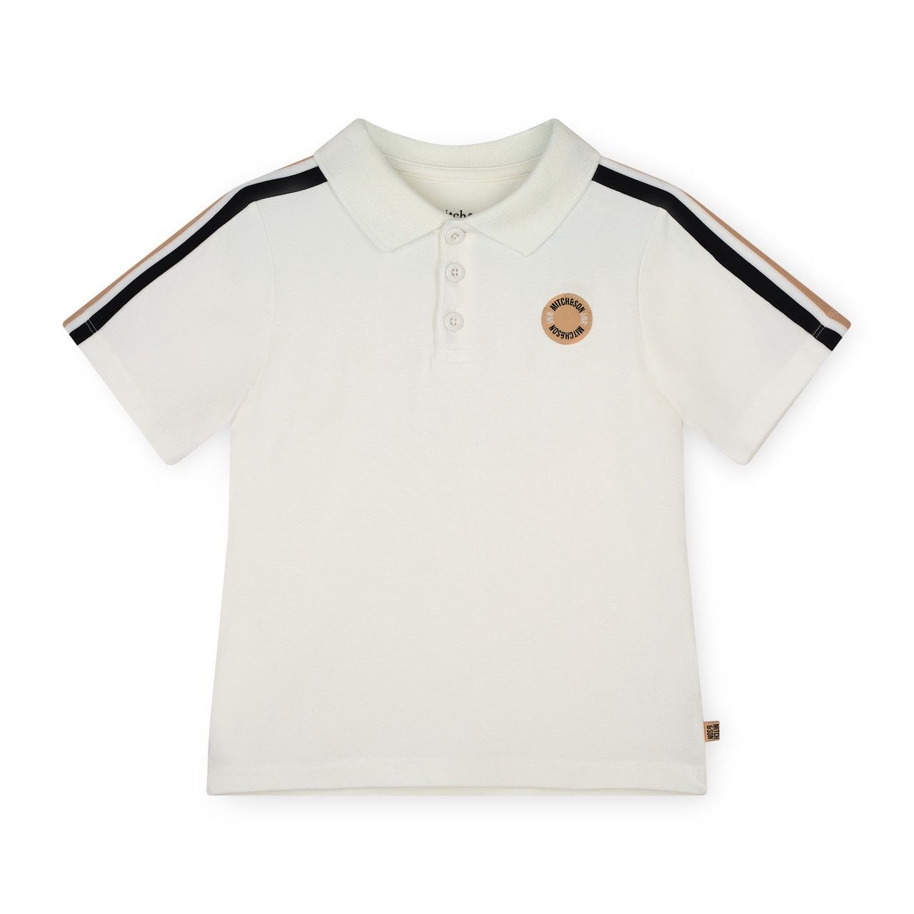 Mitch &amp; Son Boys White Short Sleeved Polo T-Shirt with Tape Striped Sleeves &amp; Logo Badge