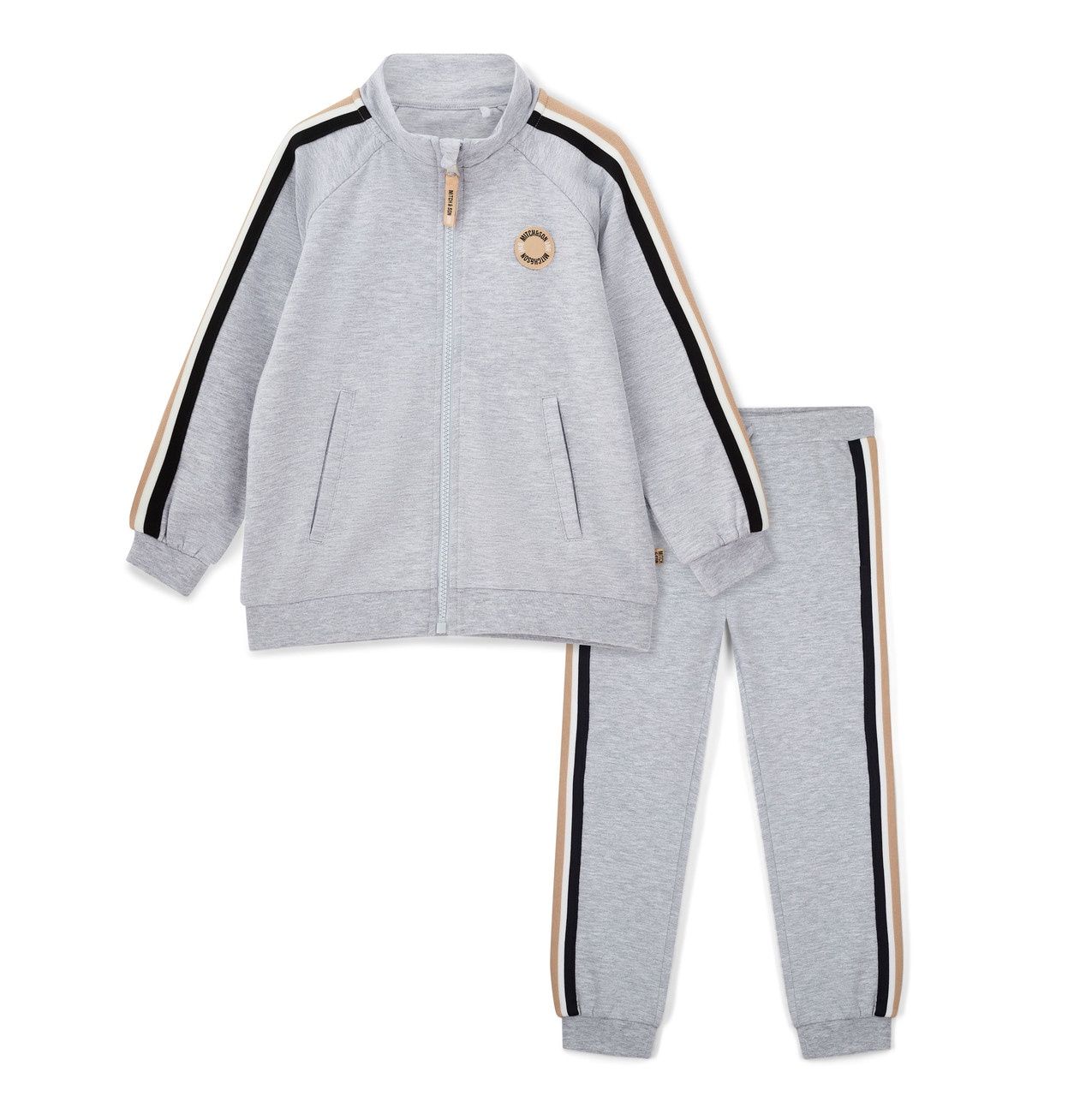 Mitch &amp; Son Boys Grey Melange Zipper Tracksuit with Stripes Down Sleeves &amp; Legs &amp; Logo Badge on Chest