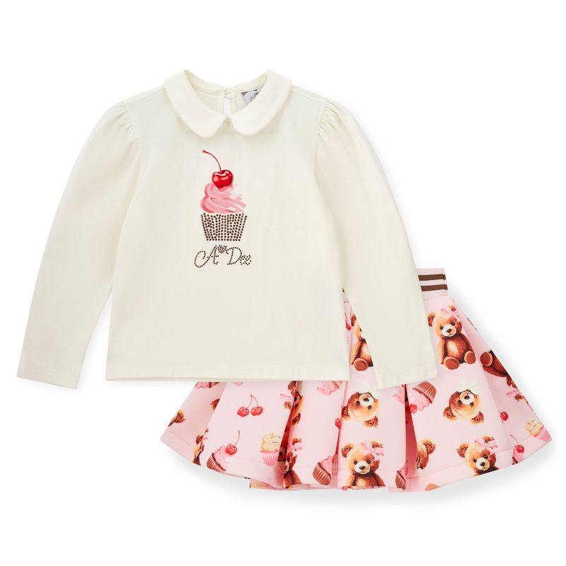 A'dee Girls White Collared Top with Cupcake Print &amp; Pink Bear Printed Skirt