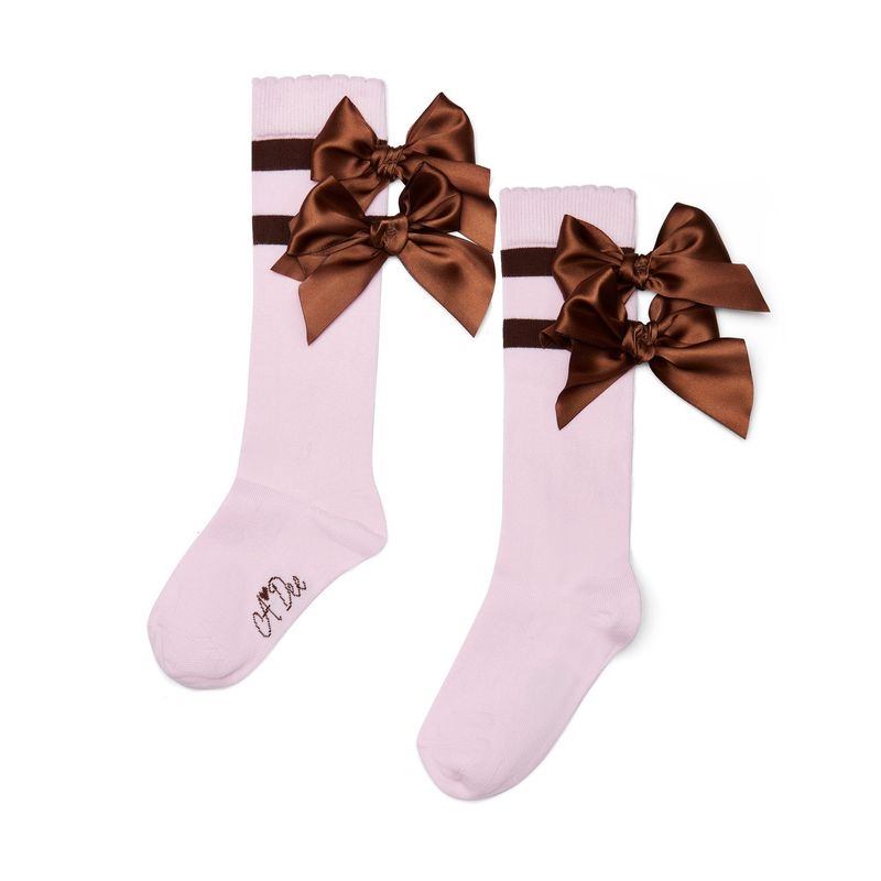 A'dee Girls Pink Knee High Socks with Double Brown Stripe &amp; Bows - MAEVE