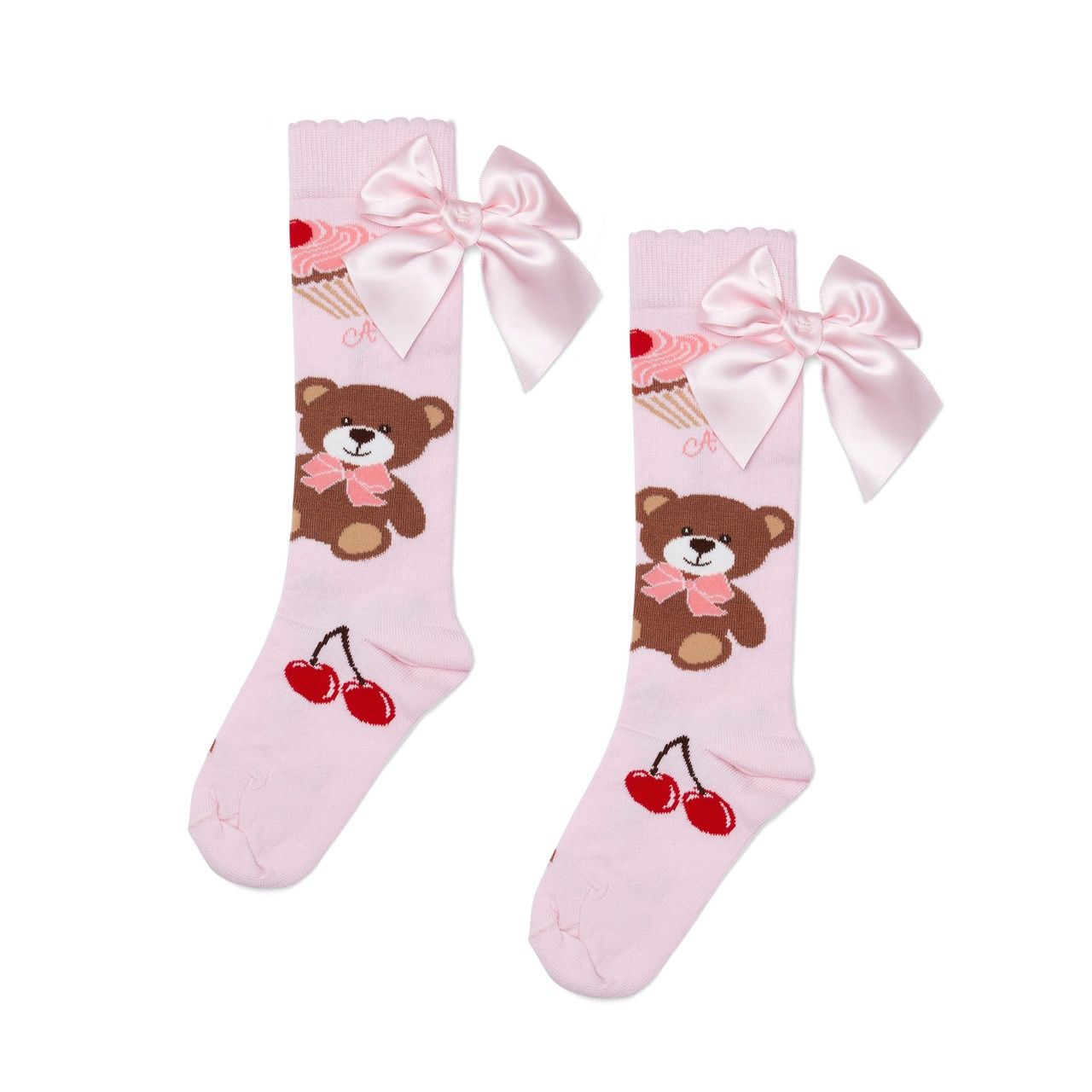 A-dee Girls Pink Bear Printed Knee High Socks with Pink Bow - MILIANA