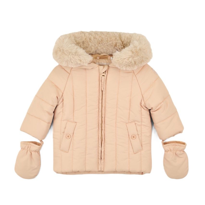 Mitch &amp; Son Mini Boys Beige Padded Coat with Detachable Mitts &amp; Fur Lined Hood