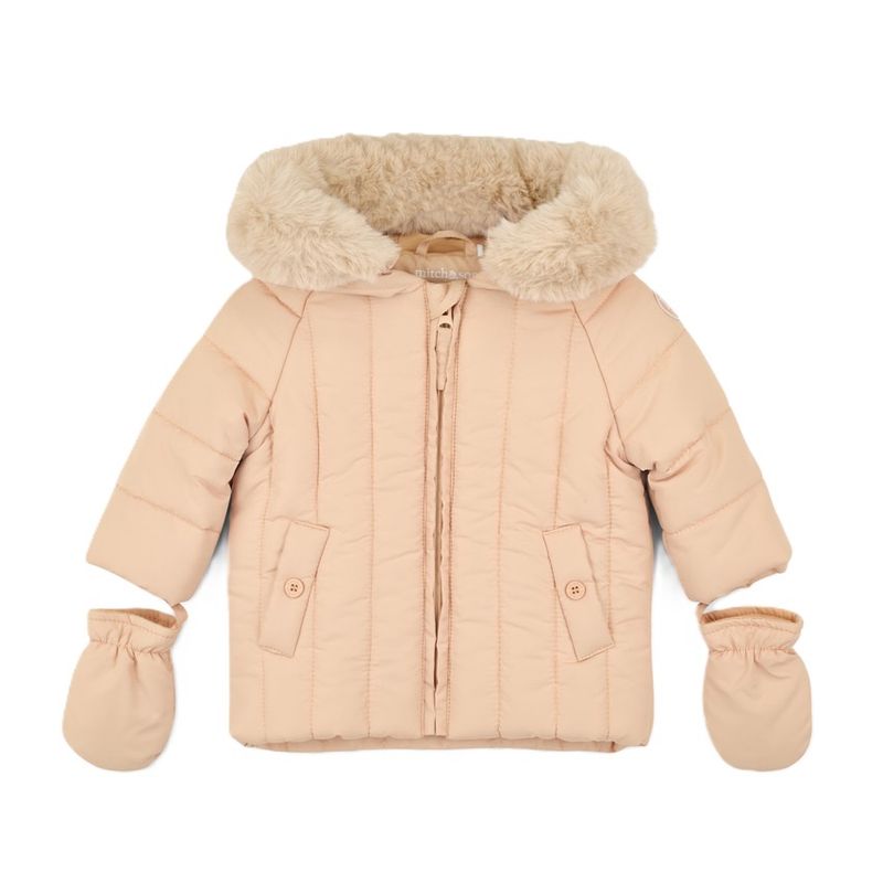 Mitch &amp; Son Mini Boys Beige Padded Coat with Detachable Mitts &amp; Fur Lined Hood