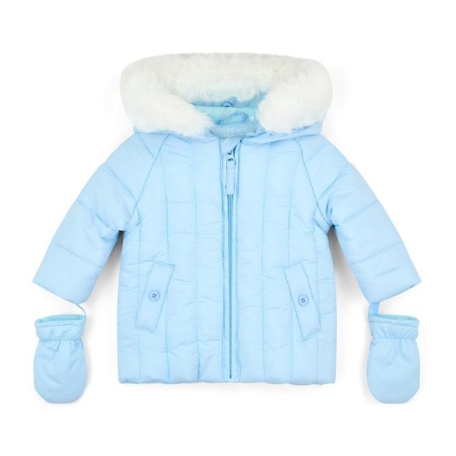Mitch &amp; Son Mini Boys Blue Padded Coat with Detachable Mitts &amp; Fur Lined Hood