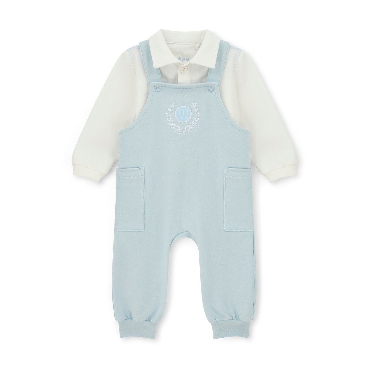 Mitch &amp; Son Mini Boys Blue Dungarees with Logo on Front &amp; Matching White Collared Top