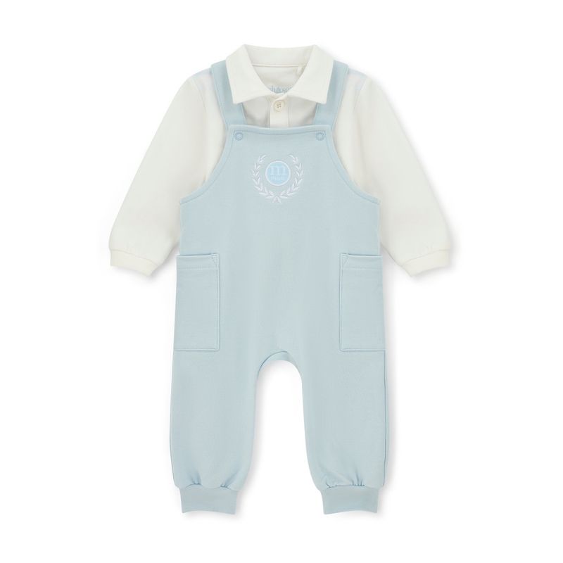 Mitch &amp; Son Mini Boys Blue Dungarees with Logo on Front &amp; Matching White Collared Top